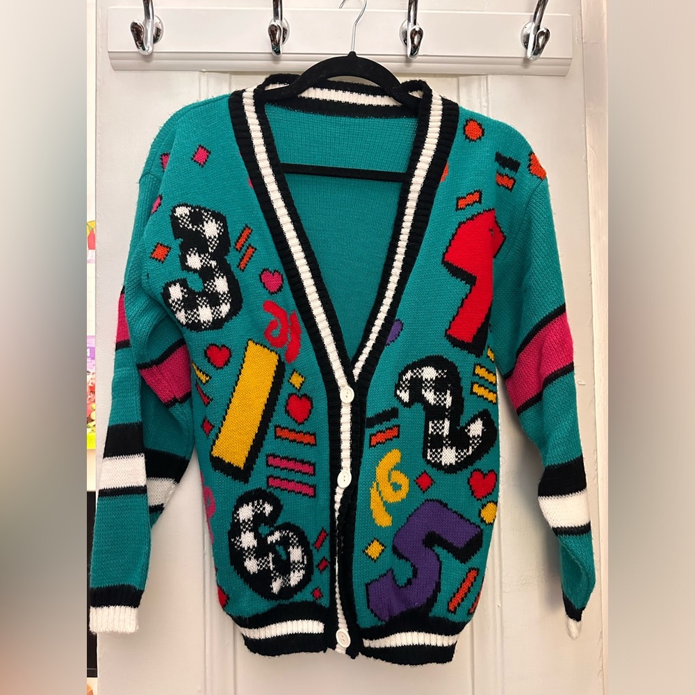 80s retro vintage colorful number cardigan sweater